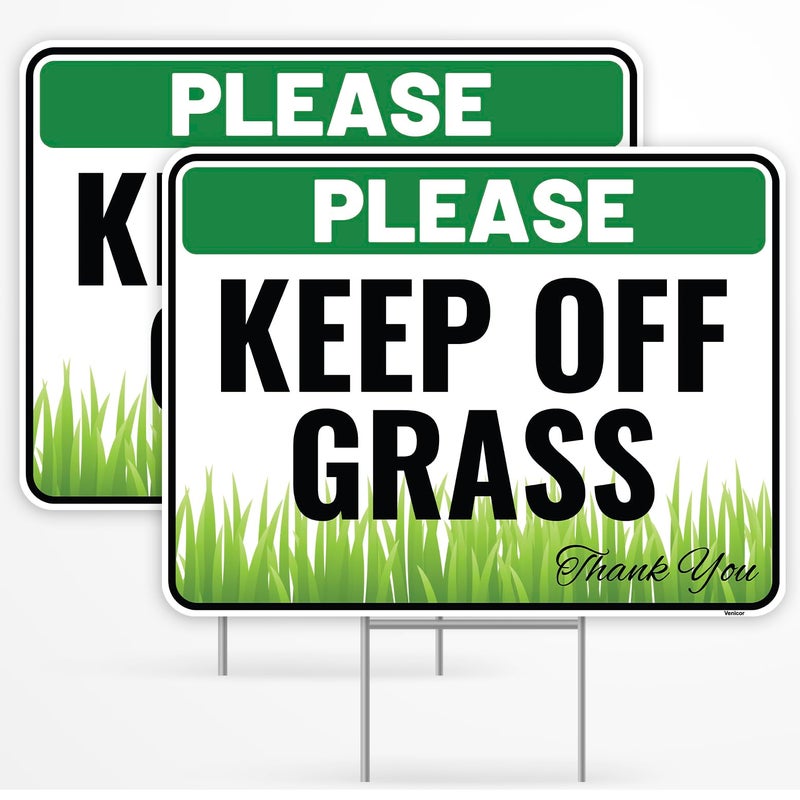 Venicor 2PC Keep Off Grass Sign with Metal Stakes, 12""x9"" - Corrugated Plastic - Please Stay Off Dont Walk On Lawn Yard Sign - Image 1